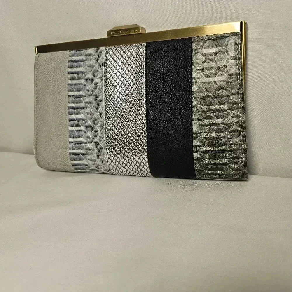 Rachel Roy Grey Silver Black Animal Print Brushed Nickle Clutch Bag - Picture 2 of 8